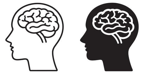 Line art human head icon set featuring a brain in outline and silhouette styles for psychological and educational concepts