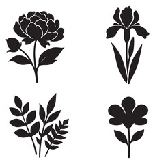 Graphic silhouette floral elements set featuring peony, iris, and various leaf shapes for botanical design