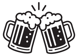 Line art illustration of two beer mugs clinking together depicting a toast for a celebration