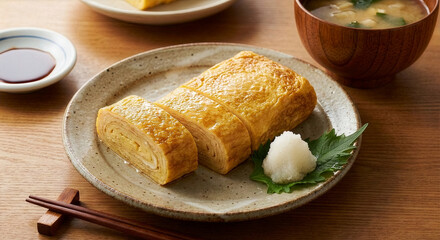 温かいだし巻き卵と味噌汁の和食朝ごはん