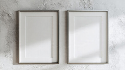 Two vertical silver frames in 3D rendered mockup on raw textured plaster wall, modern wall decor scene, realistic poster and wall art set presentation in minimal interior style