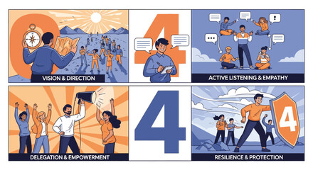 Effective leadership and teamwork strategies illustrated in a modern flat design style with vibrant colors and dynamic compositions with vision