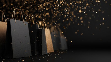 Chic black paper bags with golden glitter lights, ideal for New Year promotions, boutique shopping and festive campaigns.
