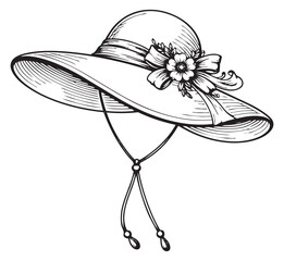 Hand drawn line art illustration of a floppy hat depicting a decorative bow and flower for summer fashion