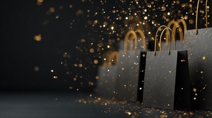 Luxury black shopping bags with golden sparkle confetti, perfect for New Year sales, premium gifting, and festive branding.