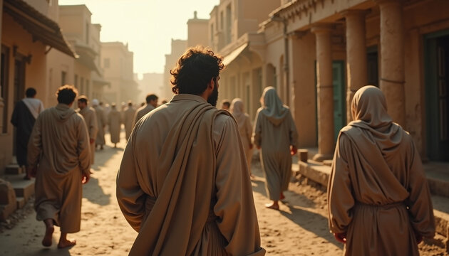 Ancient **bible scene** with robed figures walking dusty street in ancient city. Group of disciples travels path between old buildings, a spiritual **biblical narrative** for publication.
