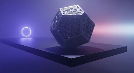 Abstract futuristic 3D render of an intricate geometric polyhedron floating over a platform with neon glowing lights