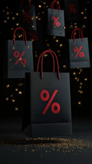 Premium sale concept with black shopping bags and golden percent symbols, surrounded by festive confetti and bokeh lights.