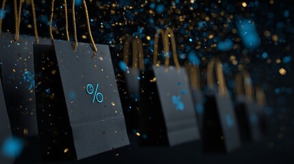 Premium New Year promotion scene featuring hanging shopping bags with percent icons, glitter particles, and copy space