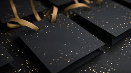 Chic black paper bags with golden glitter lights, ideal for New Year promotions, boutique shopping and festive campaigns.