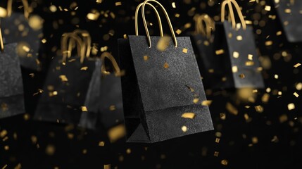 Premium sale concept with black shopping bags and golden percent symbols, surrounded by festive confetti and bokeh lights.