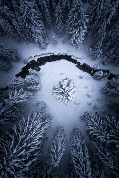 Aerial view of a river running through a snowy winter forest, Zauchensee, Salzburg, Austria