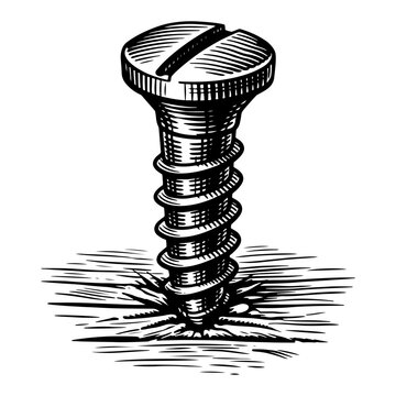 Single metal screw driven into surface depicted in vintage engraving style
