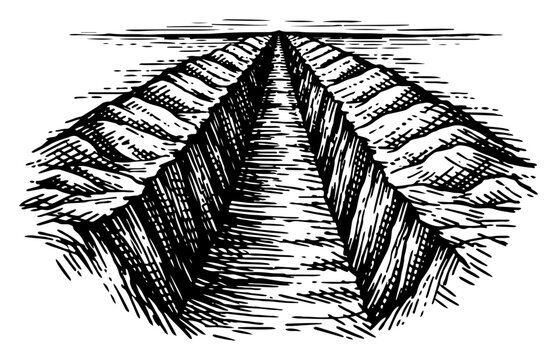 Deep trench dug in ground with perspective view woodcut style