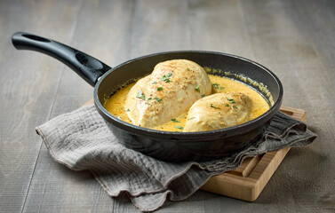 delicious chicken breast meat with creamy sauce on cooking pan