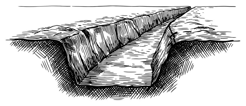 Long trench dug in the ground in vintage engraving style