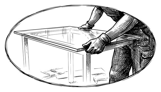 Glazier worker installing glass pane on table frame in oval vignette