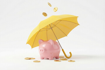 Piggy Bank Protected by Yellow Umbrella with Falling Coins, Financial Security