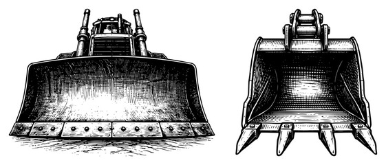 Heavy construction machinery parts showing bulldozer blade and excavator bucket © Tomas