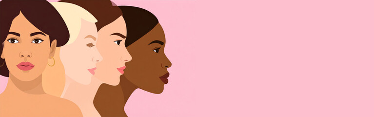 Group of diverse women standing together promoting unity with copyspace