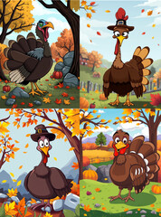 Happy cartoon turkeys standing in autumn fall landscape postcards