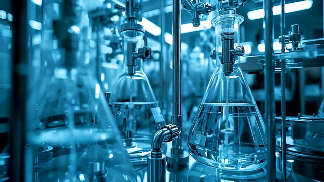 Blue toned laboratory glassware with flasks beakers and tubes in scientific setup