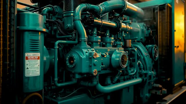 Industrial teal diesel generator engine with complex piping hoses valves pumps belts mounted in mechanical room warm side lighting detailed machinery