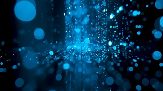 Vibrant blue particle stream flowing upward with glowing bokeh dots sparkling trails energy burst in dark cosmic digital space abstract background