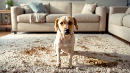 Guilty Labrador dog standing on living room rug surrounded by scattered torn paper mess sofa cushions pillows in background naughty pet mischief scene