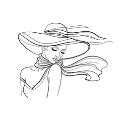Elegant Fashion Line Art Illustration of a Beautiful Woman Wearing a Wide Brimmed Hat and Scarf