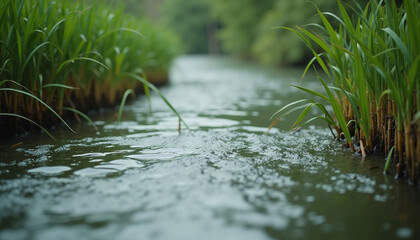 Close up view of flowing paddy field water between vibrant green rice plants. Paddy field water creating serene reflections amidst young crop growth.