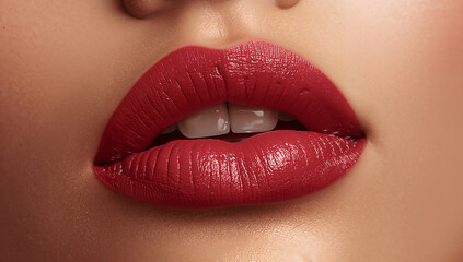 コーラル系リップを想起させる口元クローズアップの温かい印象.生成AI