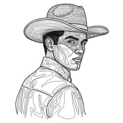 Black and white line art illustration of a handsome man wearing a traditional cowboy hat and looking over his shoulder.