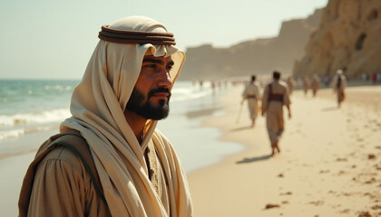 Man in ancient attire on sandy beach, depicting a powerful biblical scene, with figures walking along coastline in desert environment.
