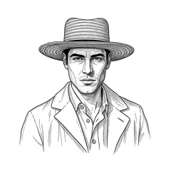 Hand Drawn Portrait of a Handsome Man Wearing a Straw Boater Hat and Jacket