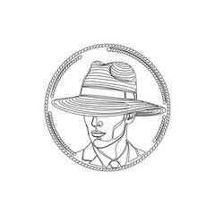 Minimalist Continuous Line Drawing of a Man in a Fedora Hat within a Rope Circular Frame