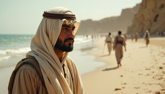 Man in ancient attire on sandy beach, depicting a powerful biblical scene, with figures walking along coastline in desert environment. - Powered by Adobe