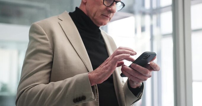 Office, online and business man with phone for stock market news, website and investment research. Professional, corporate and mature person on smartphone for internet, connection or financial update