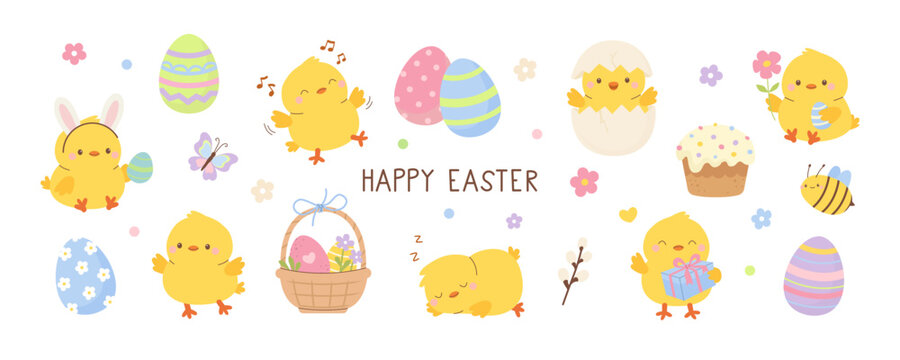 Cute Easter collection with yellow chicks and decorated eggs. Spring set for holiday design. Flat vector illustration.