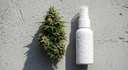 Top view of a fresh green cannabis flower bud next to a white plastic spray bottle on gray concrete.