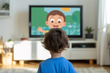 Young child seen from behind watching blurry cartoon on modern TV screen. Highlights early media exposure and screen time in childhood.
