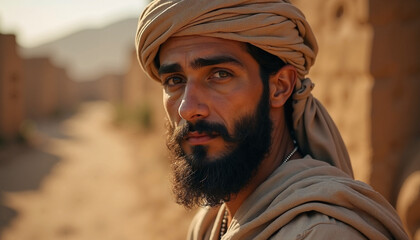 Solemn man in traditional headwear in arid desert village, depicting profound bible scene. Thoughtful individual embodies ancient times, powerful bible scene for religious publications, education.
