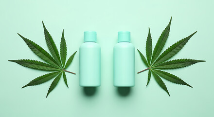 Top view of two teal cosmetic bottles flanked by cannabis leaves on a matching mint green background