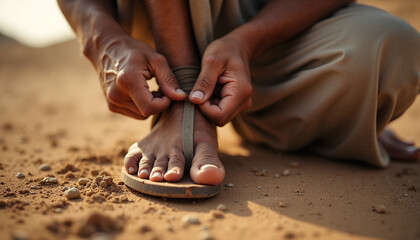 Hands adjusting sandal on foot, dusty ground shows **bible scene**. Person in humble attire prepares for arid journey. Poignant **bible scene** represents readiness, ideal for religious studies,