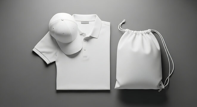 Minimalist mockup set featuring a white folded polo shirt, baseball cap, and drawstring bag against a gray backdrop