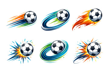 Dynamic soccer ball designs showcasing speed and motion with colorful streaks