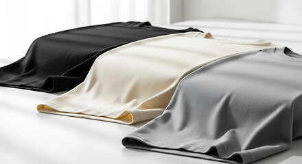 A collection of high quality basic cotton t-shirts in black cream and grey colors laid out on a clean white surface