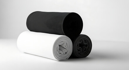 Three rolls of high quality black and white plastic trash bags stacked neatly on a white background