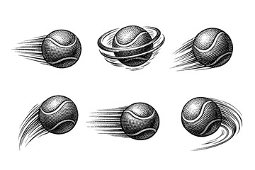 Vintage tennis ball movement set in hand-drawn engraved style