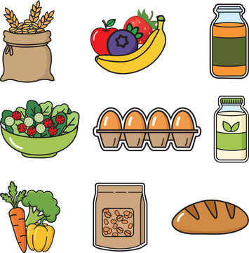 Hand Drawn Grocery Food Icons Set &ndash; Fruits, Vegetables, Bread, Eggs and Dairy Illustration